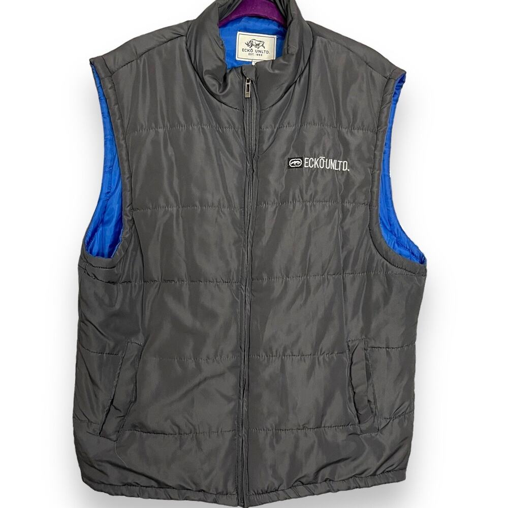 Y2K Ecko Unltd Puffer Vest Mens L Gray Outdoor Grunge Zipper Camping Fish Casual